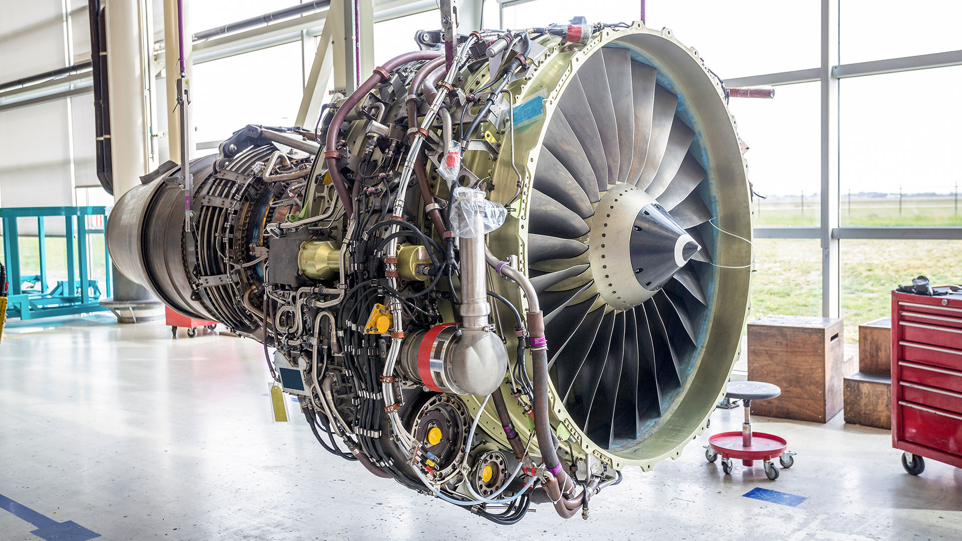 Close-up of an aircraft turbine engine