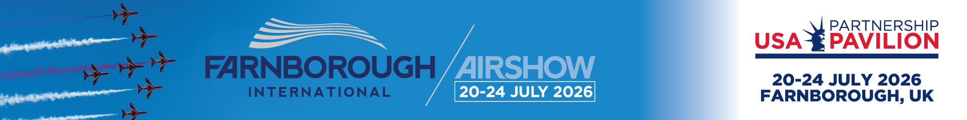 Banner for Farnborough International Airshow 20–24 July 2026 with USA Pavilion logo on the right, set on a blue gradient background