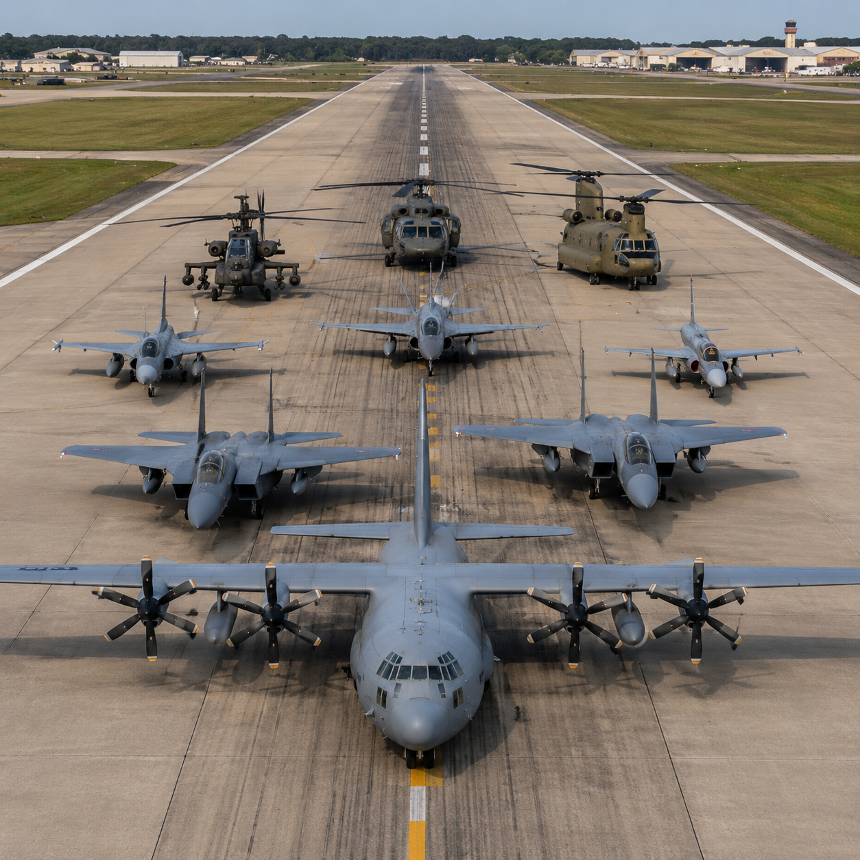 Lineup of military aircraft and helicopters on a runway